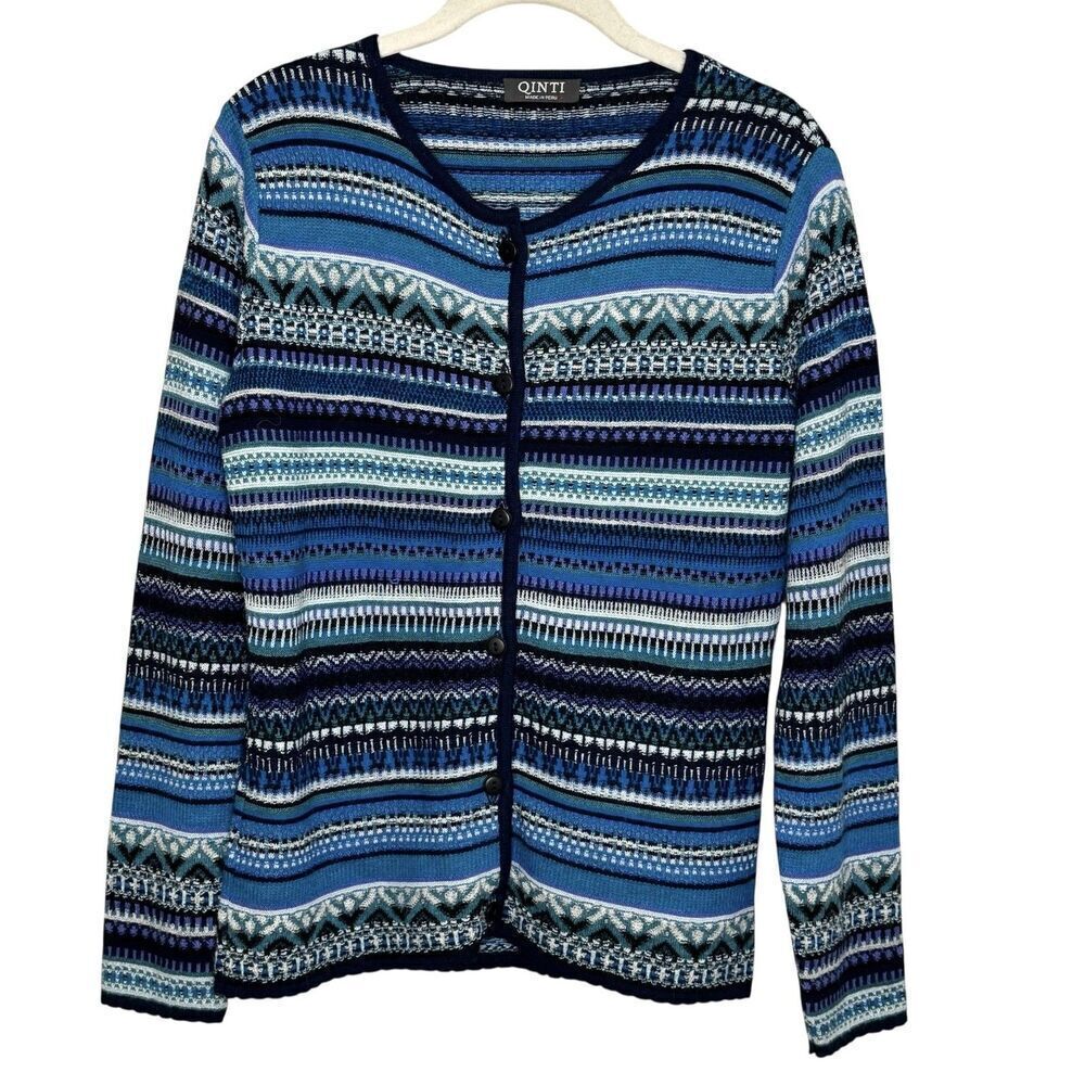 QINTI Sweater Womens Small Blue Multicolor 100% Baby Alpaca Button Cardigan Peru